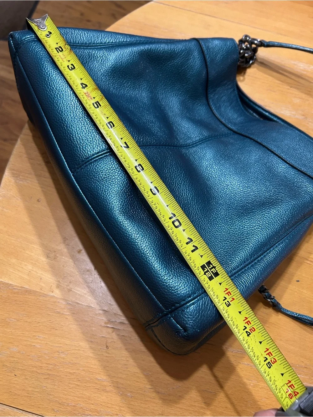 Coach Lexy Metallic Peacock Blue Teal Pebbled Leather Chain Shoulder Bag Purse